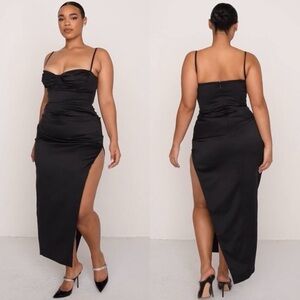 HOUSE OF CB XL D-DD  'Flora' Black Satin Pleated Corset Midi‎ Dress NWOT